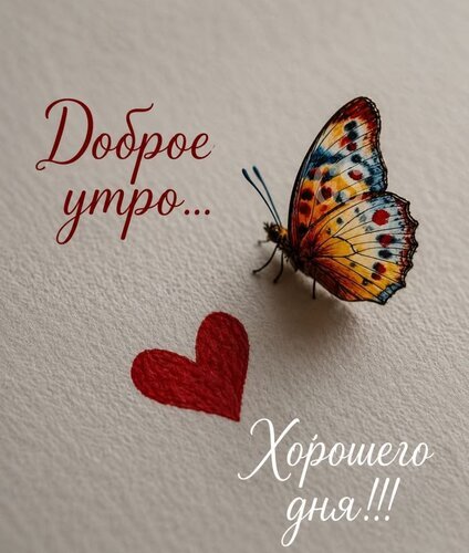 Красивая открытка с бабочкой и сердечком: «Доброе утро... Хорошего дня!!!». Позитивное пожелание для рассылки в соцсетях и мессенджерах. Открытка Доброе утро. Хорошего дня Красивая открытка с пожеланием доброго утра. На светлом текстурированном фоне изображена яркая разноцветная бабочка с детальной прорисовкой крыльев, маленькое красное сердце и каллиграфические надписи на русском языке: «Доброе утро...» и «Хорошего дня!» Красивая открытка с бабочкой и сердечком: «Доброе утро... Хорошего дня!!!». Позитивное пожелание для рассылки в соцсетях и мессенджерах. Открытка Доброе утро. Хорошего дня Красивая открытка с пожеланием доброго утра. На светлом текстурированном фоне изображена яркая разноцветная бабочка с детальной прорисовкой крыльев, маленькое красное сердце и каллиграфические надписи на русском языке: «Доброе утро...» и «Хорошего дня!»