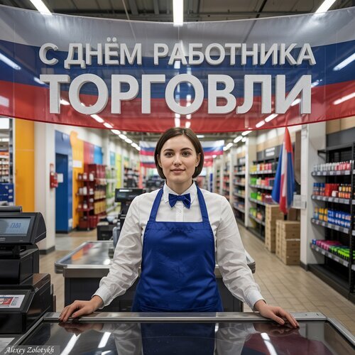 Праздничное фото к Дню работника торговли: улыбающийся продавец в униформе на фоне супермаркета и поздравительного баннера. Открытка С Днем Работника Торговли Фотография к празднованию Дня работника торговли. На переднем плане молодая улыбающаяся девушка-продавец в белой блузке, галстуке-бабочке и синем фартуке стоит за кассовой зоной супермаркета. На заднем плане виден интерьер современного продуктового магазина с полками, наполненными товарами, и праздничный баннер с надписью на русском языке «С ДНЕМ РАБОТНИКА ТОРГОВЛИ»