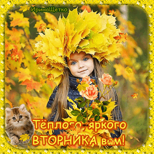 Осенняя открытка с девочкой в шляпе из листьев, котенком и пожеланием «Теплого, яркого вторника вам!». Идеально для поздравлений и добрых пожеланий в соцсетях. Анимированная открытка Теплого, яркого Вторника вам! Очаровательное осеннее изображение с маленькой девочкой, чей головной убор сделан из пышных золотистых кленовых листьев. Девочка с нежным взглядом и длинными волосами позирует на фоне яркого осеннего леса. В композиции присутствуют розовые розы и милый пушистый рыжий котенок в углу кадра. На картинке нанесен поздравительный текст на русском языке: 