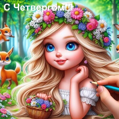 Сказочная девочка в цветочном венке в окружении лисичек. Красочная иллюстрация для поздравлений с четвергом и весенним настроением. Открытка С четвергом! Милая цифровая иллюстрация в сказочном стиле, изображающая очаровательную девочку с длинными светлыми волосами и большими голубыми глазами. На голове у нее пышный венок из разноцветных цветов: розовых, белых и синих. Девочка находится в волшебном лесу в окружении маленьких лисичек и яркой зелени. В нижней части изображения видна корзинка с цветами и рука художника с карандашом, создающая эффект процесса рисования