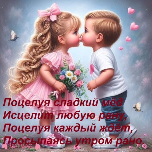 Милая иллюстрация: целующиеся дети, букет цветов и романтичный текст о любви. Трогательная картинка для открытки и поздравлений. Открытка Поцелуя сладкий мед Исцелит любую рану, Поцелуя каждый ждет, Просыпаясь утром рано. Милая и трогательная цифровая иллюстрация, изображающая маленькую девочку в розовом платье с длинными светлыми волосами и мальчика в белой футболке, которые нежно целуются. Девочка держит в руках красивый букет полевых цветов. На фоне — нежное голубое небо с облаками, бабочками и парящими розовыми сердечками. На изображении наложен текст на русском языке: «Поцелуй сладкий мед Исцелит любую рану, Поцелуй каждый ждет, Просыпаясь утром рано»