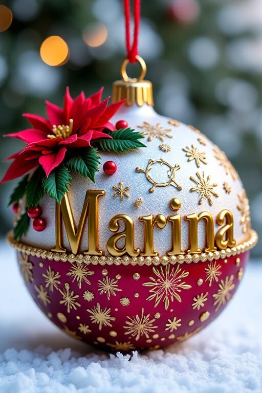 Персонализированный рождественский шар с именем Marina. Красный и белый декор с золотыми снежинками и цветами пуансеттии на фоне снега и огней. Открытка Шар для Марины Красивое праздничное рождественское украшение в виде шара, украшенного золотыми снежинками и красными цветами пуансеттии. На шаре золотыми буквами написано имя «Marina». Верхняя часть украшения белая с глиттером, нижняя — ярко-красная с золотистым узором. Декор лежит на искусственном снегу на фоне размытых праздничных огней