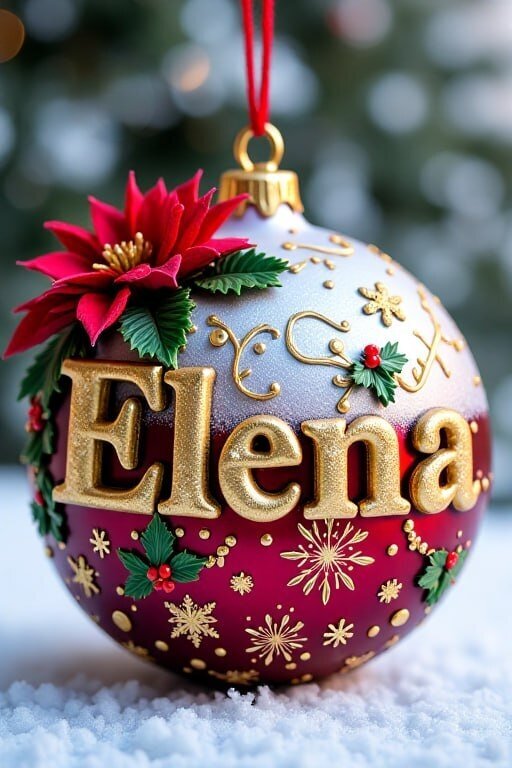 Персонализированный рождественский шар бордового цвета с именем Elena, золотыми узорами и красной пуансеттией на фоне снега. Идеальный новогодний декор. Открытка Шар для Елены Красивое персонализированное рождественское украшение в виде елочного шара глубокого бордового цвета. Шар украшен золотистыми узорами, снежинками и изящной красной цветочком пуансеттии с зелеными листьями. В центре композиции расположено имя «Elena», выполненное объемными золотыми буквами с блестящей текстурой. Декор выглядит празднично и роскошно, шар лежит на пушистом белом снегу на фоне размытых огней рождественской елки
