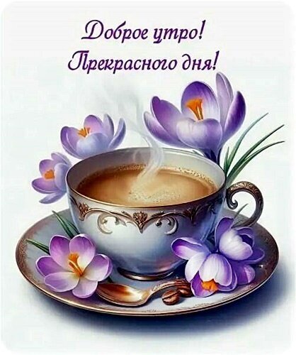 Доброе утро! Открытка с чашкой горячего кофе и нежными фиолетовыми крокусами. Красивое пожелание прекрасного дня для ваших близких. Открытка Доброе утро! Красивая поздравительная открытка с надписью «Доброе утро! Прекрасного дня!» на русском языке. На изображении представлена чашка горячего кофе или чая с аппетитной пенкой, стоящая на блюдце рядом с изящной ложкой. Композицию украшают нежные фиолетовые цветы крокусов с яркими оранжевыми сердцевинами