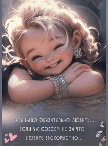 Мотивационная картинка с милым малышом и цитатой о важности любви к себе: «Себя надо обязательно любить...». Вдохновляющее изображение для соцсетей. Анимированная открытка Себя надо обязательно любить... Если уж совсем не за что - любите бескорыстно... Милое и вдохновляющее изображение с цифровой иллюстрацией улыбающегося малыша в нарядном образе с блестящими украшениями. На картинке размещена глубокая психологическая цитата на русском языке: «Себя надо обязательно любить.... если уж совсем не за что - любите бескорыстно...». Иллюстрация выполнена в мягких, светлых тонах с эффектом сияния, создавая атмосферу нежности, любви к себе и позитивного самопринятия