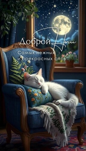 Уютная открытка «Доброй ночи»: спящий белый кот в синем кресле на фоне ночного неба с полной луной. Пожелание нежных и прекрасных снов. Открытка Доброй ночи Уютная и атмосферная картинка для пожелания доброй ночи. На изображении изображен белый пушистый кот, сладко спящий в элегантном синем кресле с декоративной подушкой. За окном виден ночной пейзаж с яркой полной луной и мерцающими звездами. Надпись на русском языке «Доброй ночи. Самых нежных и прекрасных снов» создает ощущение спокойствия, умиротворения и домашнего тепла
