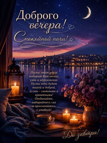 Уютная открытка с пожеланием доброго вечера и спокойной ночи. Ночной город, свечи, цветы и теплые пожелания для создания волшебного настроения. Открытка Доброго вечера Уютная поздравительная открытка с пожеланием доброго вечера и спокойной ночи. На изображении запечатлен живописный ночной пейзаж с видом на залитый огнями город у воды, силуэт горы под звездным небом с полумесяцем и мягким закатом. На переднем плане создана атмосфера домашнего тепла: зажженные свечи в фонаре и стакане, чашка чая, книга и букет нежных розовых хризантем. Текст на русском языке гласит: «Доброго вечера! Спокойной ночи! Пусть этот вечер подарит Вам тепло, уют и вдохновение... До завтра!»