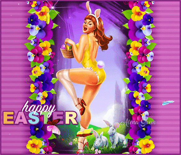Праздничная открытка Happy Easter с очаровательной девушкой-кроликом, пасхальными яйцами и яркими цветами на розовом фоне. Счастливой Пасхи! Анимированная открытка Happy Easter! Яркая и праздничная поздравительная иллюстрация к Пасхе. В центре композиции — очаровательная девушка в костюме кролика с ушками и корзинкой пасхальных яиц. Изображение обрамлено пышной цветочной рамкой из фиолетовых и желтых фиалок на насыщенном розовом фоне. В нижней части кадра видны милые маленькие кролики на зеленой траве. На картинке присутствует стильная надпись 