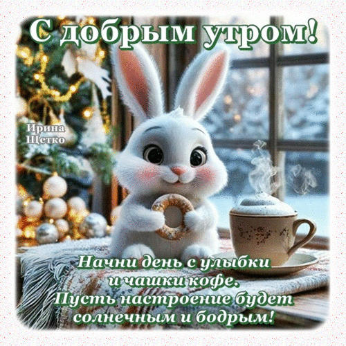 Милая открытка «С добрым утром!» с пушистым кроликом, кофе и пончиком. Теплое пожелание бодрого настроения и улыбки для ваших близких. Анимированная открытка Доброе УТРО! Милая праздничная открытка с пушистым белым кроликом, который держит пончик. На картинке уютная атмосфера: чашка дымящегося кофе, новогодние украшения и вид из окна. На изображении надпись на русском языке: «С добрым утром! Начни день с улыбки и чашки кофе