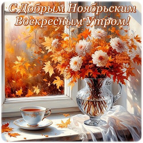 Осенняя открытка «С добрым ноябрьским воскресным утром!». Уютный натюрморт с цветами, чашкой чая и золотыми листьями для душевного поздравления. Открытка Доброе утро! Уютная осенняя открытка с пожеланием доброго воскресного утра в ноябре. На изображении представлен натюрморт: букет пышных белых хризантем в стеклянной вазе, чашка ароматного чая на подоконнике и золотые осенние листья