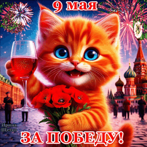 Праздничная открытка к 9 Мая: рыжий котенок с бокалом вина и маками на фоне салюта и Кремля. Поздравление «За Победу!» для соцсетей и мессенджеров. Анимированная открытка 9 мая Милая открытка к 9 Мая с рыжим котенком, держащим бокал красного вина и букет ярко-красных маков. На фоне видны праздничный салют и собор Василия Блаженного на Красной площади. Внизу крупная надпись на русском языке «ЗА ПОБЕДУ!»