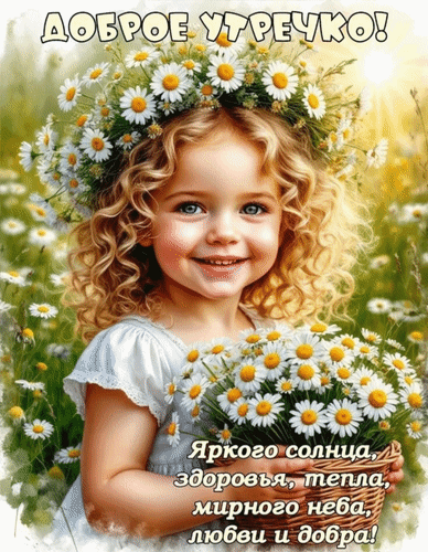 Доброе утро! Милая девочка с венком из ромашек и пожеланиями солнца, здоровья, тепла и любви. Прекрасная открытка для душевного утреннего поздравления. Анимированная открытка Доброе утречко! Яркого солнца, здоровья, тепла, мирного неба, любви и добра! Прекрасная открытка с изображением улыбающейся девочки с золотистыми кудрями, украшенной венком из белых ромашек. Девочка держит в руках большой букет ромашек на фоне залитого солнцем летнего луга. На картинке надпись «Доброе утречко!» и пожелания яркого солнца, здоровья, тепла, мирного неба, любви и добра
