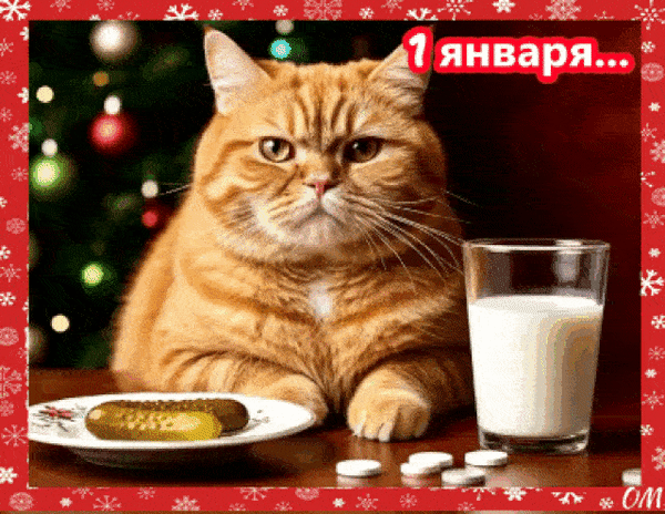 Смешной кот с молоком и печеньем на фоне елки. Мем «1 января...» для новогоднего настроения и юмористических поздравлений. Анимированная открытка 1 января Смешная и милая GIF-анимация с рыжим котом, который выглядит очень серьезным или слегка похмельным. Кот сидит за столом рядом с тарелкой с печеньем и стаканом молока. На фоне видна размытая новогодняя елка с огоньками, что создает праздничную атмосферу. В углу расположена надпись на русском языке «1 января...», намекающая на состояние человека после новогодних праздников