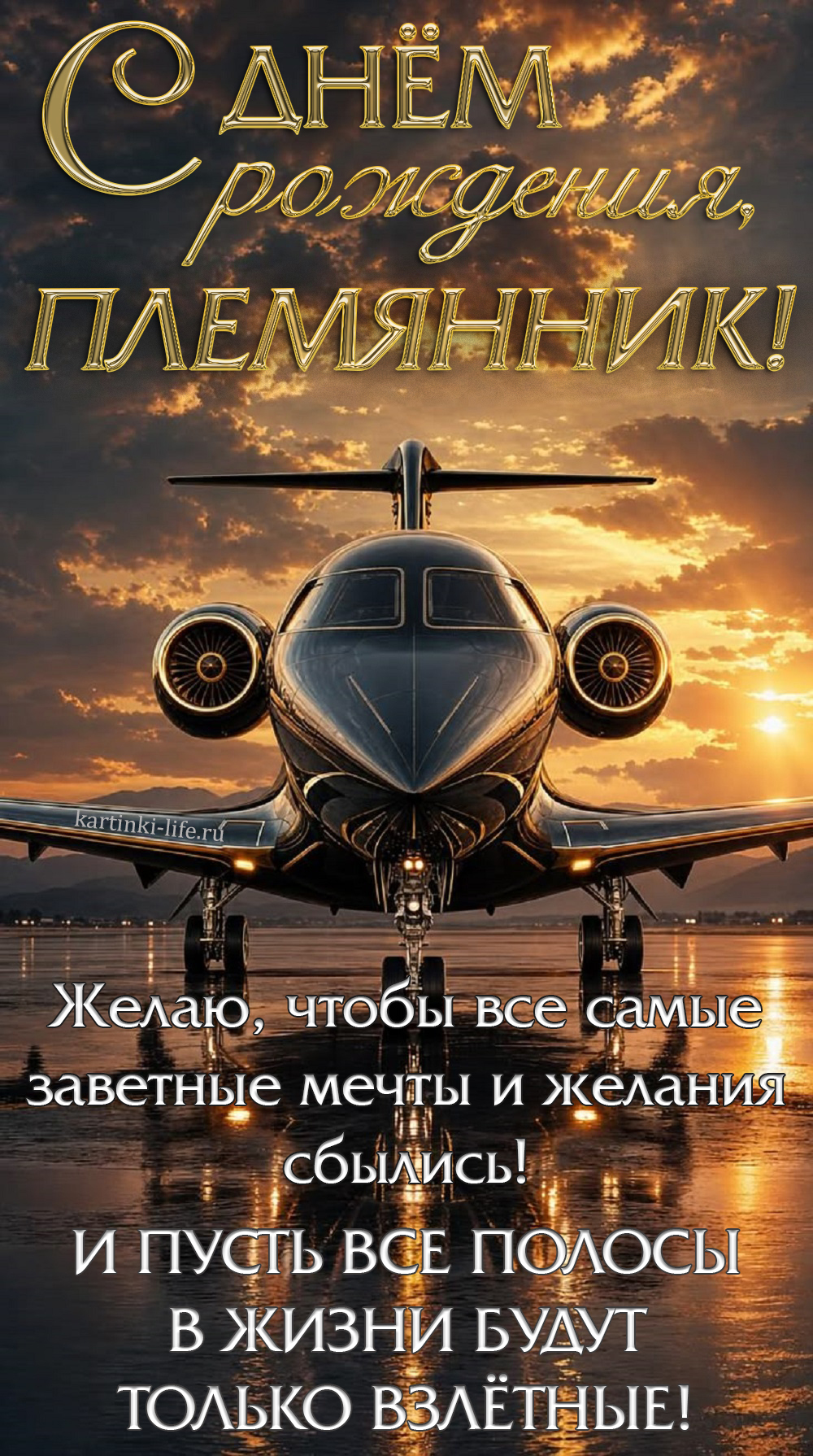 С днем рождения, племянник! Желаю, чтобы все самые заветные мечты и желания сбылись! И пусть все полосы в жизни будут только взлетные! Красивая открытка с днем рождения для племянника; блестящий черный самолет на фоне заката стоит на взлетной полосе.