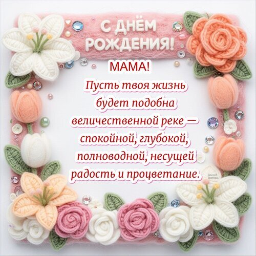 Трогательная открытка к дню рождения мамы с нежными цветами и красивым пожеланием: «Пусть твоя жизнь будет подобна величественной реке...» Открытка С днем рождения! Мама! Красивая поздравительная открытка к дню рождения мамы в нежных пастельных тонах. Изображение оформлено объемными декоративными цветами (розы, лилии, тюльпаны) из мягкого материала, напоминающего фетр или шерсть. В центре расположена трогательная цитата на русском языке: «С днем рождения, мама! Пусть твоя жизнь будет подобна величественной реке — спокойной, глубокой, полноводной, несущей радость и процветание» Трогательная открытка к дню рождения мамы с нежными цветами и красивым пожеланием: «Пусть твоя жизнь будет подобна величественной реке...» Открытка С днем рождения! Мама! Красивая поздравительная открытка к дню рождения мамы в нежных пастельных тонах. Изображение оформлено объемными декоративными цветами (розы, лилии, тюльпаны) из мягкого материала, напоминающего фетр или шерсть. В центре расположена трогательная цитата на русском языке: «С днем рождения, мама! Пусть твоя жизнь будет подобна величественной реке — спокойной, глубокой, полноводной, несущей радость и процветание»