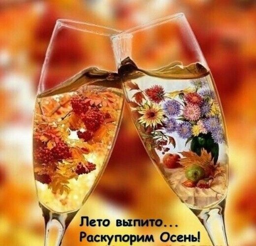 Эстетичное фото двух бокалов с осенними цветами и надписью «Лето выпито... Раскупорим Осень!». Идеально для осеннего настроения и поздравлений. Открытка До свидания, лето Красивое и атмосферное изображение двух бокалов шампанского, в которых вместо напитка находятся яркие осенние цветы и листья. На фоне — мягкое размытое осеннее золото. В нижней части картинки расположена вдохновляющая надпись на русском языке: «Лето выпито... Раскупорим Осень!»