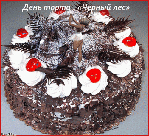 Торт «Черный лес» с шоколадной крошкой, взбитыми сливками и вишней. Праздничный десерт Шварцвальд для сладкого вдохновения и праздничного настроения. Анимированная открытка День торта «Черный лес» Аппетитный торт «Черный лес» (Шварцвальд) с шоколадной стружкой, пышными взбитыми сливками и сочными вишнями. На картинке изображен праздничный десерт, украшенный элементами декора, создающий атмосферу торжества