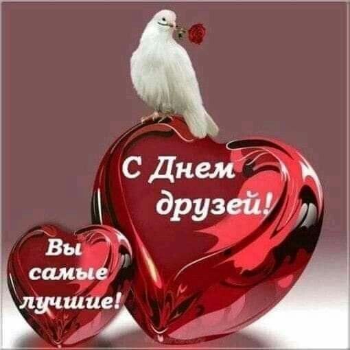 Поздравление с Днем друзей: белая птица с розой на красных сердцах. Надпись: «С Днем друзей! Вы самые лучшие!» — красивая открытка для близких. Открытка С Днем друзей! Вы самые лучшие! Красивая праздничная открытка с изображением белого голубя, держащего красную розу в клюве, сидящего на больших глянцевых красных сердцах. На картинке надпись на русском языке: 