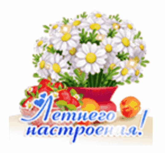 Яркая летняя открытка с букетом белых ромашек, клубникой и апельсинами. Пожелание «Летнего настроения!» для создания позитивного и солнечного образа. Анимированная открытка Летнего настроения! Красочная поздравительная открытка с пышным букетом белых ромашек с желтыми сердцевинами в красном горшке. Рядом с цветами расположены спелые красные клубники и апельсины, создающие атмосферу тепла и изобилия. На переднем плане расположена стильная надпись на русском языке синим цветом с белым контуром: «Летнего настроения!» Яркая летняя открытка с букетом белых ромашек, клубникой и апельсинами. Пожелание «Летнего настроения!» для создания позитивного и солнечного образа. Анимированная открытка Летнего настроения! Красочная поздравительная открытка с пышным букетом белых ромашек с желтыми сердцевинами в красном горшке. Рядом с цветами расположены спелые красные клубники и апельсины, создающие атмосферу тепла и изобилия. На переднем плане расположена стильная надпись на русском языке синим цветом с белым контуром: «Летнего настроения!»