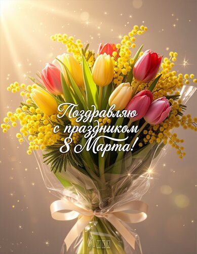 Праздничная открытка к 8 Марта с букетом ярких тюльпанов и мимозы. Красивое поздравление с Международным женским днем в золотистых тонах. Открытка С 8 Марта Красивая праздничная открытка к Международному женскому дню 8 Марта. На изображении представлен пышный букет из ярких тюльпанов (розовых, красных и желтых) и нежной мимозы. Букет перевязан светлой атласной лентой и упакован в прозрачную пленку. На фоне — мягкое золотистое сияние с эффектом солнечных лучей и мерцающих бликов. По центру расположена элегантная надпись на русском языке: «Поздравляю с праздником 8 Марта!»