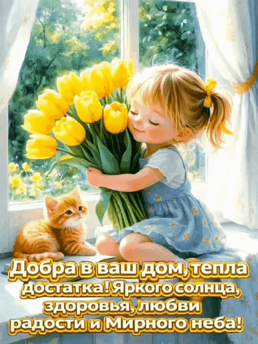 Добрая открытка: девочка с букетом желтых тюльпанов и рыжий котенок у окна. Пожелание добра, тепла, здоровья, любви и мирного неба в ваш дом! Анимированная открытка Добра в ваш дом, тепла, достатка! Яркого солнца, здоровья, любви, радости и мирного неба! Красочная и добрая открытка с милой маленькой девочкой, которая с любовью обнимает большой букет ярко-желтых тюльпанов. Девочка сидит у окна, через которое пробивается солнечный свет, а рядом с ней уютно устроился рыжий котенок. На картинке размещен теплый поздравительный текст на русском языке: «Добра в ваш дом, тепла достатка! Яркого солнца, здоровья, любви радости и мирного неба!». Иллюстрация выполнена в нежной, светлой художественной манере, создавая атмосферу уюта, счастья и душевного тепла