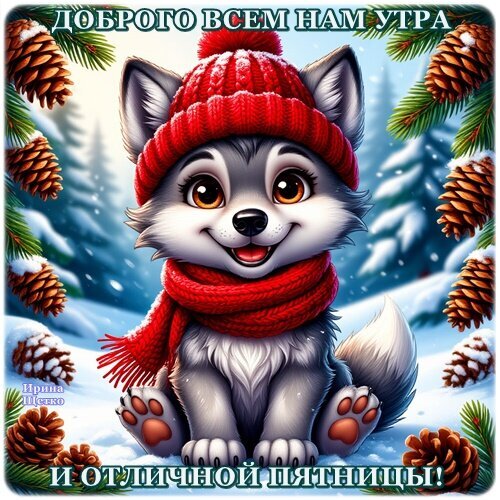 Милая открытка с волчонком в шапке и шарфе. Пожелание доброго утра и отличной пятницы на зимнем фоне с шишками. Идеально для настроения! Открытка Доброе утро! Милая и уютная открытка с изображением очаровательного серого волчонка в красной вязаной шапке и теплом шарфе. Малыш сидит на заснеженном фоне хвойного леса, окруженный сосновыми шишками. Картинка наполнена атмосферой зимней сказки и уюта. Надпись на русском языке гласит: «Доброго всем нам утра и отличной пятницы!»