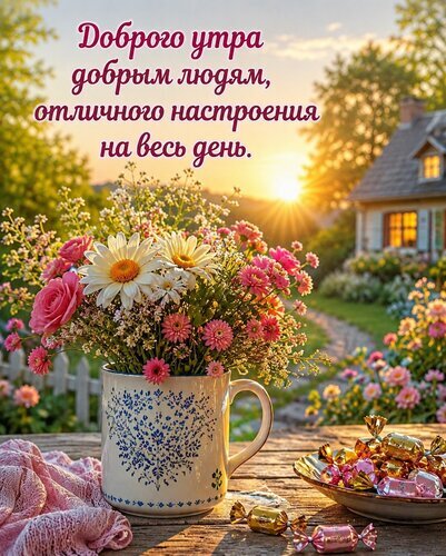 Доброе утро! Красивая открытка с букетом цветов, уютным домом и пожеланием отличного настроения на весь день. Идеальное утреннее приветствие для близких. Открытка Доброго утра Красивая поздравительная открытка с пожеланием доброго утра. На изображении представлен пышный букет из белых ромашек, розовых роз и мелких полевых цветов в декоративной керамической кружке. На фоне — уютный загородный пейзаж с цветущим садом, деревянным домиком и мягким светом восходящего солнца. Рядом с кружкой на деревянном столе лежат аппетитные золотистые конфеты. Атмосфера наполнена теплом, уютом и позитивом