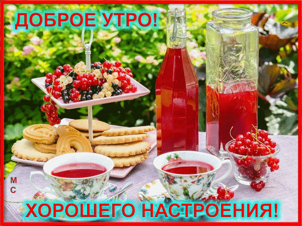 Доброе утро! Картинка с вкусным завтраком, ягодами и соком. Пожелание хорошего настроения для близких и друзей в мессенджерах и соцсетях. Анимированная открытка Доброе утро! Хорошего настроения! Уютная картинка для доброго утра с аппетитным завтраком. На изображении представлены две чашки красного морса или сока, тарелка с печеньем и ягодами черной смородины, а также стеклянные бутылки с напитком. Композиция дополнена яркими надписями на русском языке: 