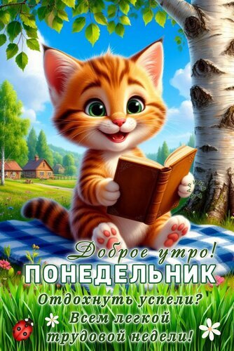 Доброе утро! Милый рыжий котенок с книгой желает легкой рабочей недели. Красивая открытка на понедельник для поднятия настроения. Открытка Доброе утро! Понедельник. Отдохнуть успели? Всем легкой трудовой недели! Милая и яркая открытка с рыжим котенком, который увлеченно читает книгу, сидя на сине-белой клетчатой скатерти под березой. На фоне — солнечный летний пейзаж с домиками и зелеными деревьями. Изображение содержит поздравительный текст на русском языке: 