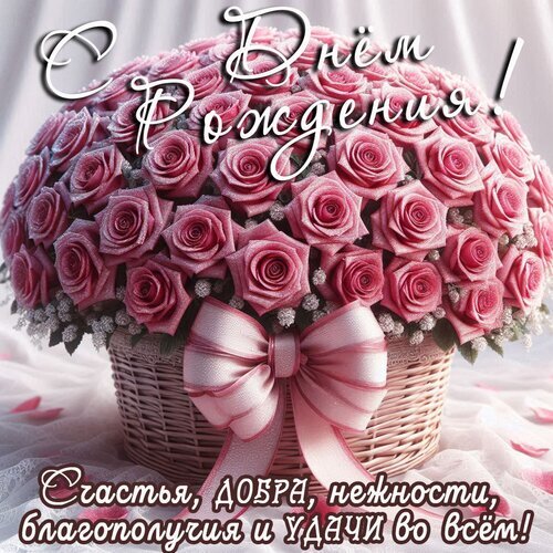 Красивая открытка с розовыми розами в корзине и поздравлением «С Днем Рождения!». Идеально для отправки теплых пожеланий счастья, добра и удачи! Открытка С днем рождения! Красивая поздравительная открытка к Дню рождения с пышным букетом розовых роз в плетеной корзинке. На изображении наложен праздничный текст: «С Днем Рождения!» и теплое пожелание: «Счастья, добра, нежности, благополучия и удачи во всем!». Идеальное изображение для отправки близким, друзьям или любимым в качестве виртуального поздравления в мессенджерах и социальных сетях