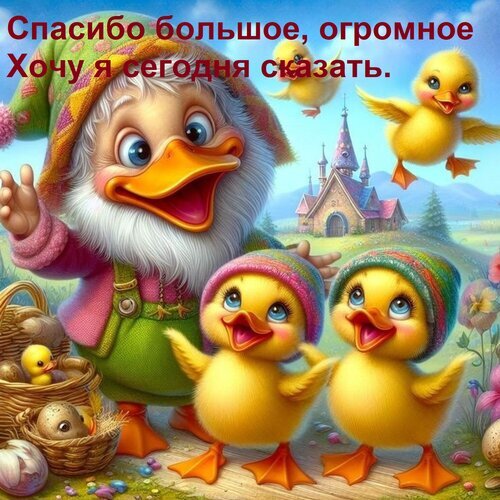 Милая открытка с гусем и утятками с надписью «Спасибо большое, огромное Хочу я сегодня сказать». Идеально для выражения благодарности в WhatsApp и соцсетях. Открытка Спасибо большое, огромное хочу я сегодня сказать. Милая и яркая поздравительная открытка с изображением очаровательного пушистого гуся в шапочке и трех маленьких желтых утят. На фоне — сказочный домик и уютный пейзаж. В верхней части картинки расположена надпись на русском языке: 