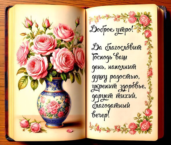 Доброе утро! Красивая открытка с розовыми розами и благословением на день. Душевное пожелание радости, здоровья и благодатного вечера в винтажном стиле. Открытка Доброе утро! Красивая открытка с пожеланием доброго утра в винтажном стиле. На левой странице изображен пышный букет розовых роз в изящной сине-белой вазе с цветочным узором. На правой странице каллиграфическим шрифтом на русском языке написано вдохновляющее пожелание: «Доброе утро! Да благословит Господь ваш день, наполнит душу радостью, укрепит здоровье, дарует тихий, благодатный вечер!». Картинка оформлена нежной цветочной рамкой из роз и напоминает страницы старинной книги или коллекционного альбома
