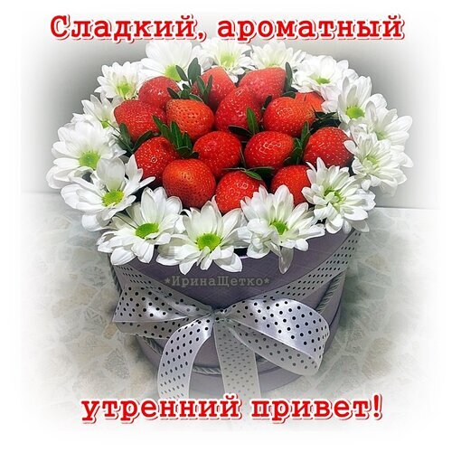 Ягодная композиция из клубники и белых цветов в подарочной коробке. Картинка-открытка с надписью «Сладкий, ароматный утренний привет!» для доброго утра. Открытка Сладкий ароматный утренний привет Красивая и аппетитная композиция из свежей красной клубники и белоснежных хризантем, оформленная в элегантную подарочную коробку с декоративным бантом. Изображение дополнено поздравительным текстом на русском языке: «Сладкий, ароматный утренний привет!». Идеально подходит для использования в качестве открытки для доброго утра, вдохновляющей картинки для мессенджеров (WhatsApp, Telegram) или тематического контента о подарках, цветах и ягодах