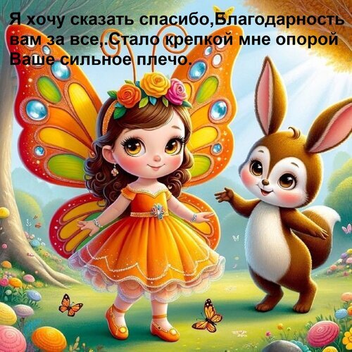 Трогательная открытка со словами благодарности: девочка-фея и зайчик в сказочном лесу. Идеально для выражения признательности и теплых чувств. Открытка Я хочу сказать спасибо, Благодарность вам за все, Стало крепкой мне опорой Ваше сильное плечо. Милая и добрая поздравительная открытка с изображением очаровательной девочки-феи в оранжевом платье и мультяшного зайчика на фоне сказочного леса. На картинке размещен трогательный текст на русском языке: 