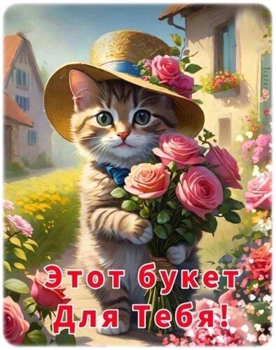 Милый котенок в шляпе с букетом розовых роз. Открытка с надписью Этот букет Для Тебя! для поздравлений и пожеланий любви и нежности. Открытка Для тебя! Милая и очаровательная открытка с рыжим полосатым котенком в соломенной шляпе, украшенной розовыми розами. Котенок держит в лапках пышный букет нежных розовых роз на фоне уютной европейской улочки с домиками и цветами. На изображении нанесена красивая надпись на русском языке: Этот букет Для Тебя!