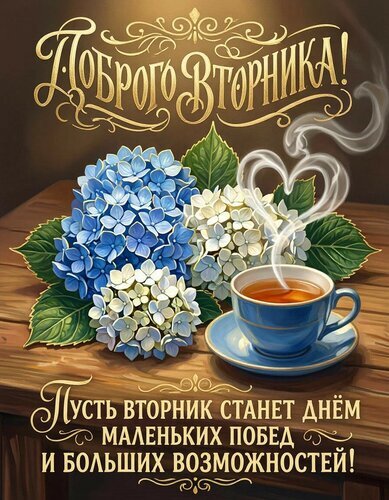 Поздравительная открытка «Доброго вторника!» с нежными гортензиями и чашкой чая. Вдохновляющее пожелание маленьких побед и больших возможностей. Открытка Доброго вторника Красивая поздравительная открытка к вторнику с изображением пышных голубых и белых гортензий и чашки горячего ароматного чая, от которой поднимается пар в форме сердца. На картинке расположены золотистые надписи на русском языке: «Доброго вторника!» и мотивирующая фраза «Пусть вторник станет днем маленьких побед и больших возможностей!»