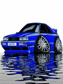 Тюнингованная Audi Quattro в синем цвете с экстремальным занижением и кастомными дисками. Стильное цифровое арт-изображение автомобиля на воде. Анимированная открытка Машина в воде анимированные автомобили Стилизованное изображение тюнингованного автомобиля Audi Quattro в ярко-синем цвете. Автомобиль имеет экстремально заниженную посадку, массивные кастомные диски с широким вылетом и эффектный отражающий силуэт в воде. Изображение выполнено в стиле цифрового искусства, подчеркивающего агрессивный дизайн и мощь легендарного полноприводного купе