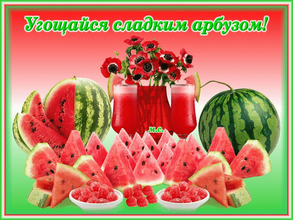 Сочная летняя открытка с арбузом, малиной и освежающим соком. Надпись: Угощайся сладким арбузом!. Яркая картинка для летнего настроения и пожеланий. Анимированная открытка Угощайся арбузом! Яркая и аппетитная поздравительная открытка с изображением сочного арбуза. На картинке представлены целые арбузы, нарезанные треугольные ломтики, освежающий арбузный сок в высоких бокалах и две миски со спелой малиной. Композиция дополнена красными цветами в вазе на фоне мягкого градиента. В верхней части расположена надпись на русском языке: 