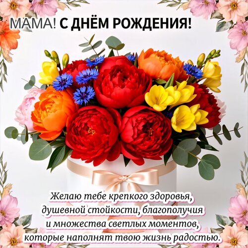 Красивая открытка «Мама, с днем рождения!» с пышным букетом пионов и роз в коробке. Трогательное поздравление с пожеланиями здоровья и радости. Открытка Мама! С днем рождения! Красивая поздравительная открытка к дню рождения мамы. На изображении представлен пышный букет ярких цветов: красных пионов, оранжевых роз и желтых фрезий в стильной белой коробке с атласной лентой. На картинке размещен праздничный текст на русском языке: «МАМА! С ДНЕМ РОЖДЕНИЯ!» и трогательное пожелание здоровья, душевной стойкости и радостных моментов