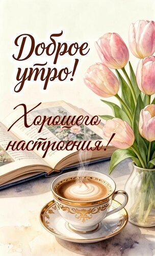 Красивая открытка «Доброе утро! Хорошего настроения!» с розовыми тюльпанами, чашкой кофе и книгой. Эстетичное пожелание для отличного начала дня. Открытка Доброе утро. Хорошего настроения Уютная и эстетичная открытка с пожеланием доброго утра. На изображении представлен нежный букет розовых тюльпанов в вазе, чашка ароматного кофе с пенкой и открытая книга. Атмосферная композиция в светлых тонах, создающая ощущение спокойствия, тепла и вдохновения
