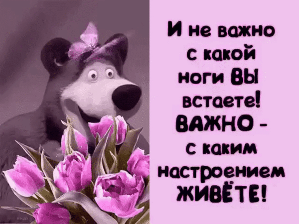 Мотивирующий мем с милым медвежонком и тюльпанами: «Важно — с каким настроением живете!». Позитивная картинка для поднятия настроения и доброго утра. Анимированная открытка Не так важно с какой ноги вы встанете. Важно с каким настроением живете Забавный и вдохновляющий мем с изображением медвежонка с розовым бантом и букетом ярких розовых тюльпанов. На картинке размещена мотивирующая цитата на русском языке: «И не важно с какой ноги Вы встаете! ВАЖНО - с каким настроением живете!». Изображение выполнено в нежных розовых тонах, сочетает юмор и позитивную психологию