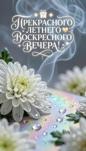 Красивая открытка «Прекрасного летнего воскресного вечера!» с белыми хризантемами, каплями росы и магическим сиянием. Идеально для поздравления в воскресенье. Открытка Вечер воскресенья Эстетичная поздравительная открытка с надписью на русском языке «Прекрасного летнего воскресного вечера!». На изображении представлены нежные белые хризантемы с каплями росы, расположенные на переливающемся радужном фоне. Композицию дополняют изящные золотые завитки, искорки и легкие струйки дыма или тумана, создающие атмосферу магии и уюта
