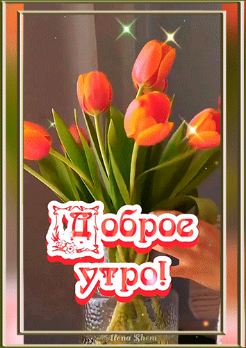 Яркая открытка с оранжевыми тюльпанами и надписью «Доброе утро!». Красивое пожелание хорошего дня в теплых солнечных тонах для близких и друзей. Анимированная открытка Доброе утро! Красивая поздравительная открытка с букетом ярких оранжевых тюльпанов в вазе. На переднем плане расположена стильная надпись на русском языке «Доброе утро!», выполненная в красно-белых тонах с декоративными элементами. Изображение наполнено солнечным светом, теплыми оттенками и сверкающими искрами, создавая уютную и позитивную атмосферу