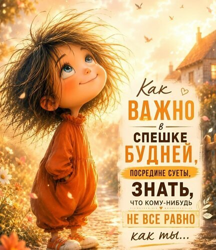 Вдохновляющая иллюстрация с милой девочкой и цитатой о важности заботы и внимания к людям в суете будней. Теплые тона, уютная атмосфера и поддержка. Открытка Как важно в спешке будней Иллюстрация в теплых солнечных тонах, изображающая милого мультяшного персонажа — девочку с пышными растрепанными волосами, которая с улыбкой и надеждой смотрит в небо. На фоне виден уютный загородный пейзаж с домиком и цветами в лучах закатного солнца. На изображении расположен вдохновляющий текст на русском языке: «Как важно в спешке будней, посредине суеты, знать, что кому-нибудь не все равно как ты...». Картинка передает атмосферы тепла, душевности, важности человеческой заботы и эмоциональной поддержки