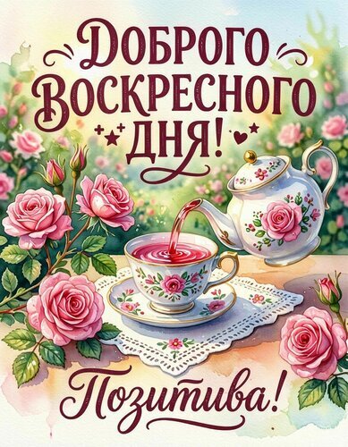 Красивая открытка «Доброго воскресного дня!». Розовые розы, чайная церемония и пожелания позитива. Идеально для уютного настроения в выходной! Открытка Доброго воскресного дня Прекрасная открытка с пожеланием доброго воскресного дня. Изображение выполнено в нежных тонах и включает пышные розовые розы, изящный фарфоровый чайник и чашку ароматного чая на кружевной салфетке. Идеально подходит для отправки близким, друзьям и коллегам в мессенджерах или социальных сетях, чтобы подарить им прекрасное настроение, уют и заряд позитива в выходной день