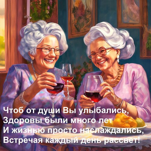Поздравление в стихах: две улыбающиеся женщины поднимают бокалы за здоровье и радость жизни. Идеально для душевных открыток и пожеланий долголетия. Открытка Чтоб от души Вы улыбались, здоровы были много лет и жизнью просто наслаждались, встречая каждый день рассвет! Художественная иллюстрация с двумя улыбающимися пожилыми женщинами, которые поднимают бокалы с красным вином в праздничном тосте. На картинке изображены две элегантные дамы с седыми волосами в очках, излучающие радость и оптимизм. На переднем плане расположен трогательный текст на русском языке в стихах, содержащий пожелания здоровья, долгих лет жизни и наслаждения каждым новым днем