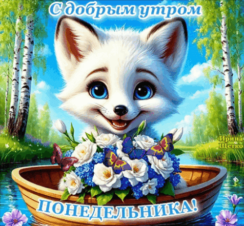 Милая открытка «С добрым утром! Понедельника!» с белым лисенком, цветами и бабочками в лодке на фоне природы. Идеально для доброго начала недели! Анимированная открытка Доброе утро! Красочная поздравительная открытка с милым белым лисенком, который выглядывает из лодки, наполненной пышным букетом бело-голубых цветов и бабочек. На фоне — живописный летний пейзаж с березовой рощей и голубым небом. На картинке расположены надписи на русском языке: «С добрым утром» и «ПОНЕДЕЛЬНИКА!», что делает ее идеальным пожеланием доброго утра в понедельник для друзей и близких