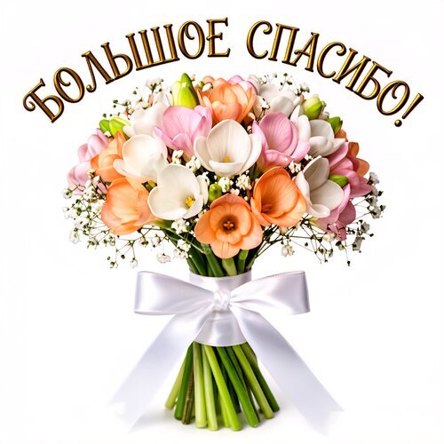 Букет нежных розовых и белых цветов с надписью «БОЛЬШОЕ СПАСИБО!». Красивая открытка для выражения благодарности и поздравлений. Открытка Большое спасибо! Красивый и нежный букет из розовых, персиковых и белых цветов (свободноцветных тюльпанов или лилиев), дополненный веточками гипсофилы. Букет перевязан элегантной белой атласной лентой. Сверху расположена золотистая надпись на русском языке «Большое спасибо!»