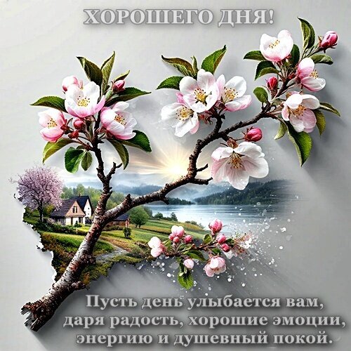 Красивое пожелание хорошего дня с цветущими яблонями и весенним пейзажем. Картинка для поднятия настроения, дарящая радость, энергию и душевный покой. Открытка Хорошего дня! Красочное поздравительное изображение с цветущими ветками яблони на фоне живописного весеннего пейзажа. На картинке запечатлен уютный загородный дом у озера, залитый солнечным светом. Композиция дополнена вдохновляющей надписью на русском языке: «Хорошего дня! Пусть день улыбается вам, даря радость, хорошие эмоции, энергию и душевный покой»