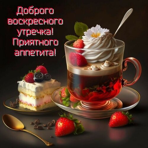 Доброе воскресное утро! Аппетитный завтрак с кофе, клубникой и тортом. Красивая открытка с пожеланием приятного аппетита для соцсетей и мессенджеров. Открытка Приятного аппетита! Аппетитное и уютное изображение для пожелания доброго воскресного утра. На картинке представлен изысканный десерт: чашка кофе с пышной белой пенкой, украшенной цветком ромашки и свежей клубникой, а рядом — кусочек нежного многослойного торта с ягодами. Композиция дополнена целыми ягодами клубники и кофейными зернами на темном эстетичном фоне. Идеально подходит для открыток, постов в социальных сетях и утренних приветствий в мессенджерах